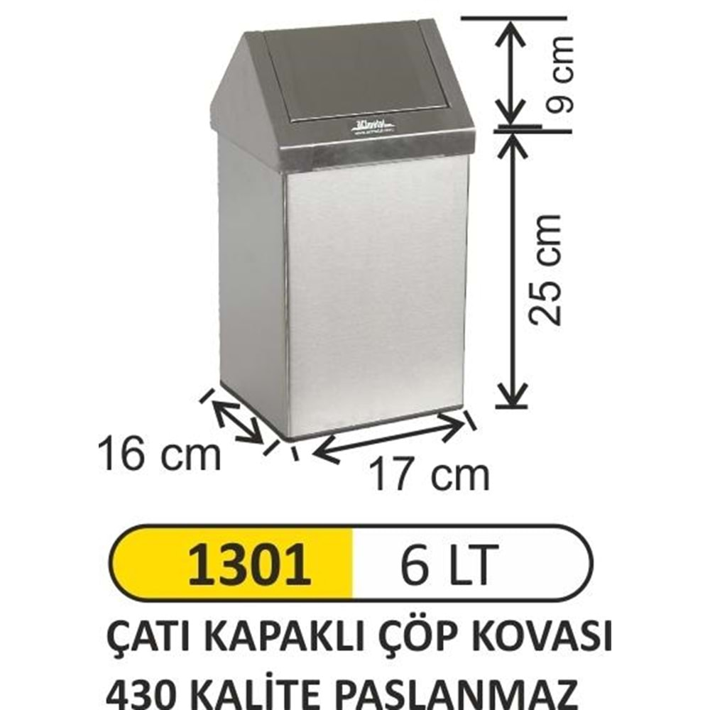 ARI METAL ÇATI KAPAKLI ÇÖP KOVASI PASLANMAZ 6LT 1301