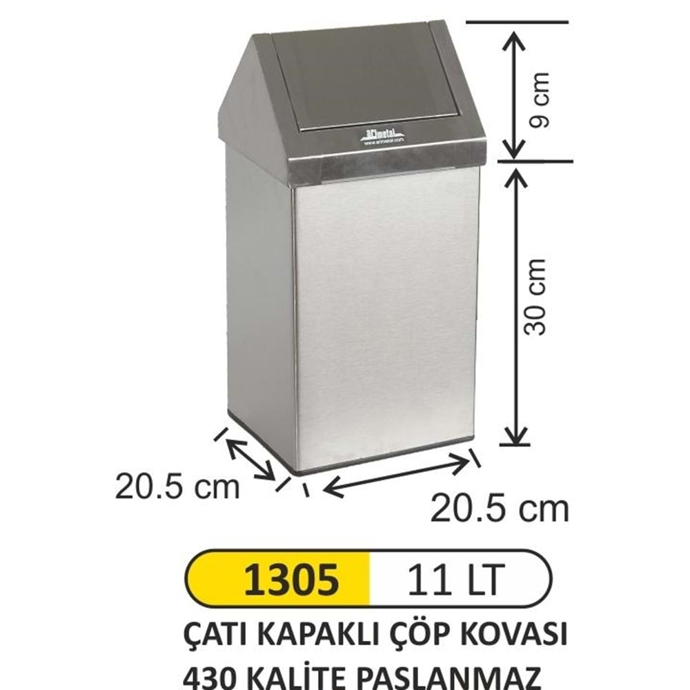 ARI METAL ÇATI KAPAKLI ÇÖP KOVASI PASLANMAZ 11LT 1305