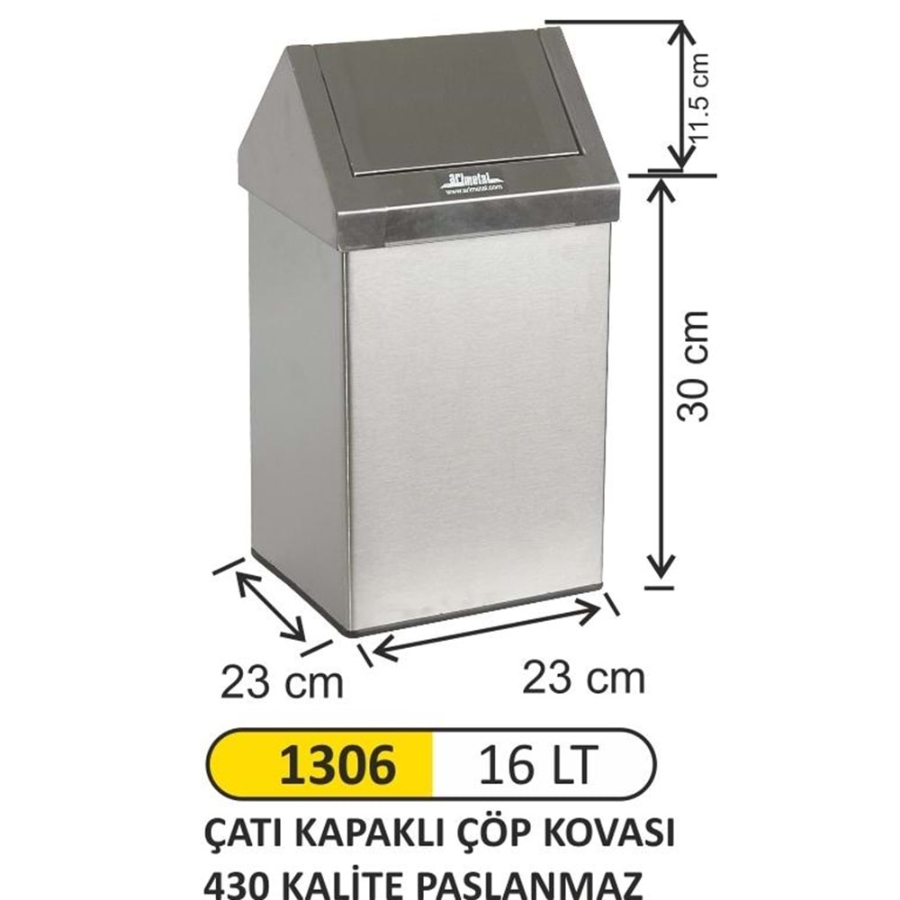 ARI METAL ÇATI KAPAKLI ÇÖP KOVASI PASLANMAZ 16LT 1306