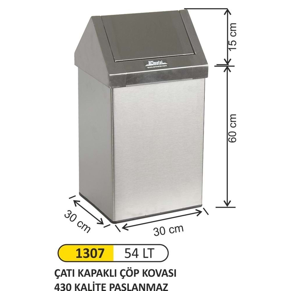 ARI METAL ÇATI KAPAKLI ÇÖP KOVASI PASLANMAZ 54LT 1307