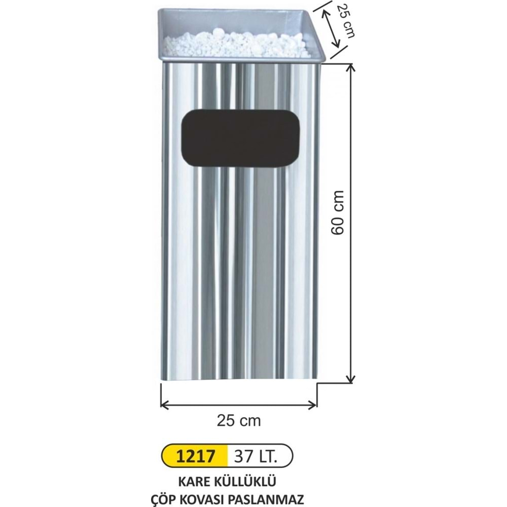 ARI METAL DİKDÖRTGEN KÜLLÜKLÜ ÇÖP KOVASI PASLANMAZ 37LT 1217