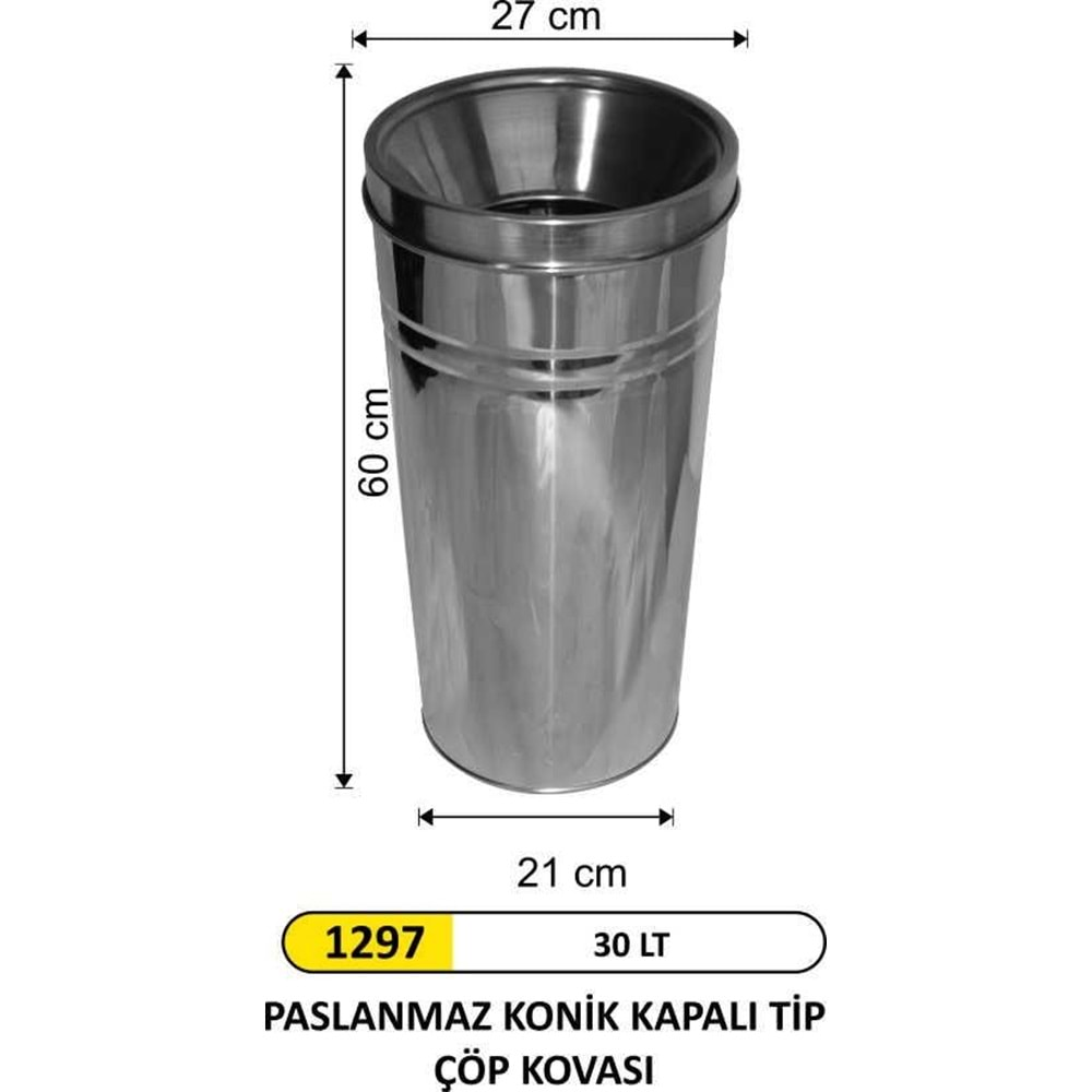 ARI METAL PASLANMAZ KONİK ÇÖP KOVASI 30LT 1297